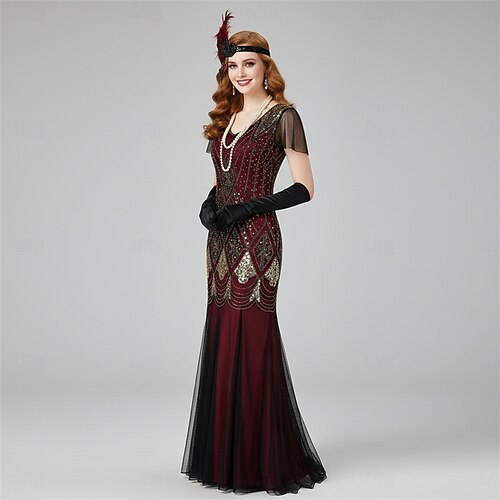 Set Retro Vintage Roaring 20s 1920s Floor Length Dress Outfits Cocktail  Dress with Accessories Short Sleeves The Great Gatsby Wedding Guest Sequins  V Neck Fancy Dress Women's Party Evening Wear 2026 -