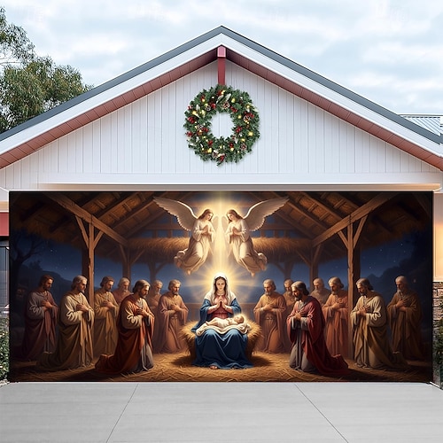  غطاء باب مرآب عيد الميلاد مشهد المهد 2025 خلفية معلقة كبيرة جدارية عطلة دينية ديكور خارجي خلفية تصوير حفلة فناء المنزل ديكور عيد الميلاد الاحتفالي