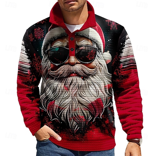  Christmas Men's Santa Claus Waffle Sweatshirt Daily Classic Casual Stand Collar Outdoor Home Work Gift Blue Red Green Buttons Fall Winter Designer S M L XL XXL XXXL