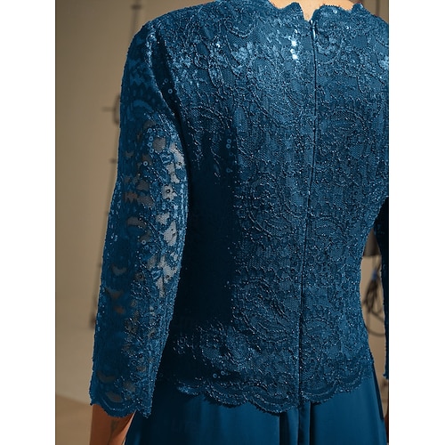  dames maxi-jurk chiffonjurk kanten jurk elegante bruiloftsgast effen kleur driekwartmouwen ronde hals pauwblauw lente herfst winter