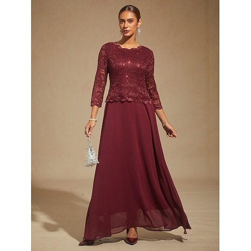  Dames Halflange jurk Chiffon jurk A lijn jurk Elegant Bruiloft gast Avond Feest Effen Kleur 3/4 mouw Strakke ronde hals Wijn Lente Herfst Winter