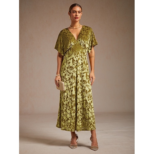  レディース マキシドレス Aラインドレス ベルベット エレガント パーティー ウェディング ゲスト 花柄 リーフ ハーフスリーブ Vネック エメラルドグリーン 春 秋 冬