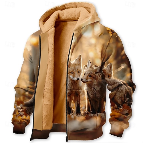  Per uomo Volpe Stampa 3D Pile Felpa con Cappuccio Giacca di pelle Felpa Classico Militare Da caccia Girocollo All'aperto Campeggio Marrone Marrone 2 Marrone 3 Con zip Autunno Inverno progettista S M
