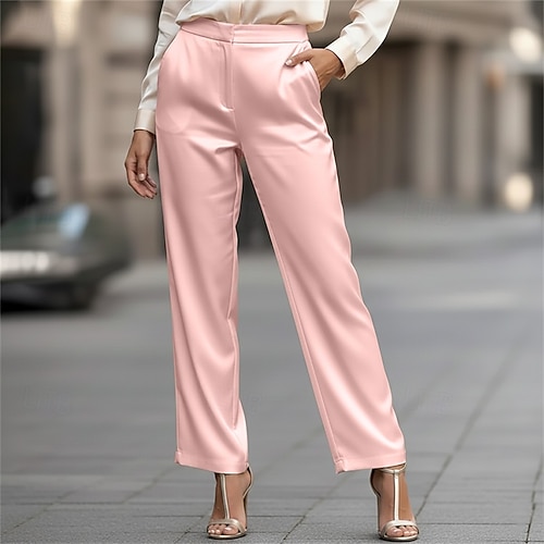  Mulheres Calças de cetim Atrevido Calças Férias Roupa de rua Casual Comprimento total Cintura Média Tecido Bolsos Confortável Formal Ao ar livre Férias Preto Prateado Rosa Marron Primavera Outono