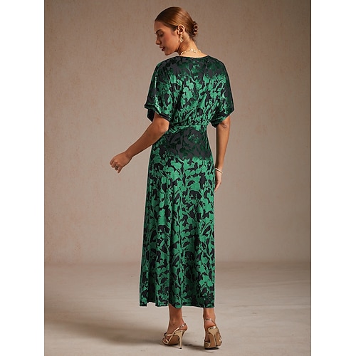  dames maxi-jurk a-lijn jurk fluweel elegant feest bruiloft gast bloemen blad halve mouw v-hals smaragdgroen lente herfst winter