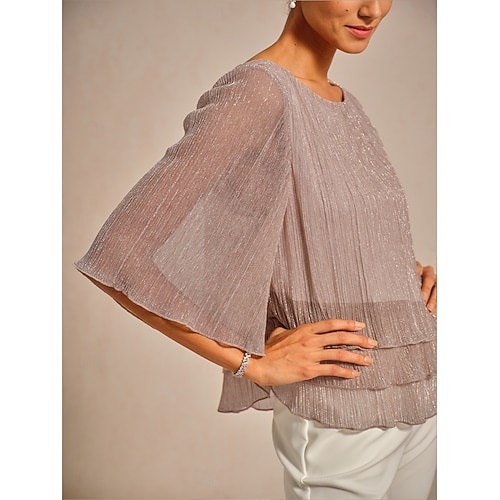  Women's Blouse Chiffon Tops Lace Tops Solid Color Elegant 3/4 Length Sleeve Crew Neck Wedding Guest Holiday Ruched Glitter Pink Summer Spring Fall