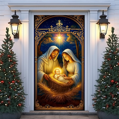  غطاء باب عيد الميلاد، تصميم مشهد المهد، ستارة عطلة معلقة خلفية لديكور مدخل المنزل، موضوع الشتاء، زينة عيد الميلاد للاحتفالات الاحتفالية بعيد الميلاد