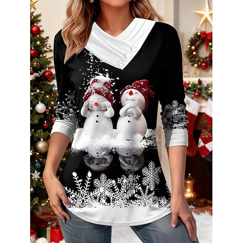  Crăciun Pentru femei Tricou Grafic Om de Zăpadă Fulg zăpadă Stilat Casual Manșon Lung În V Topuri obișnuite Zilnic Nasturi Imprimeu Asimetric Roșu-aprins Albastru piscină Trifoi Toamnă Iarnă