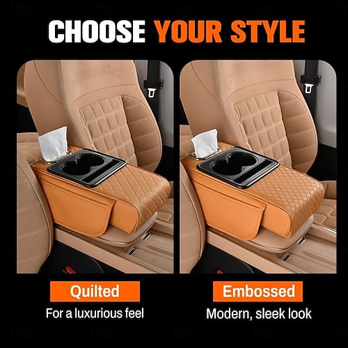  Luxury Style Car Armrest Box Multifunctional Storage Box, Diamond Pattern Tissue Box, with Cup Holder Mobile Phone Slot, Built-In Car Storage Box, Universal Four-In-One, Car Tissue Box Armrest Box