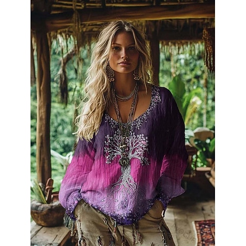  Damen Boho-T-Shirt Grafik Geometrisch Elegant Bohemien Vintage Langarm V Ausschnitt Normale Oberteile Täglich Wochenende 3D-Druck Blau Rote Purpur Grün Sommer Frühling Herbst Winter