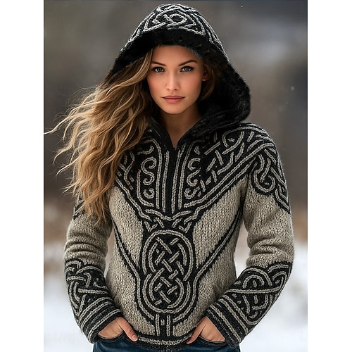  Γυναικεία Πουλόβερ Διακοπές Βίντατζ Απίθανο Γεωμετρικό Με Κουκούλα Στάμπα Μακρυμάνικο Κανονικά μπλουζάκια Πλέκω ΕΞΩΤΕΡΙΚΟΥ ΧΩΡΟΥ Καθημερινά Ρουμπίνι Ανοιχτό Γκρι Φθινόπωρο Χειμώνας