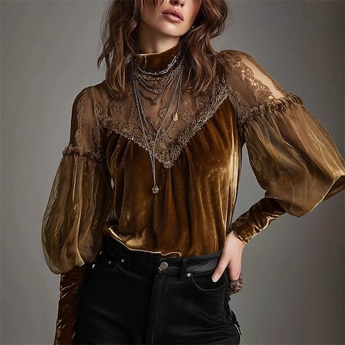  Femmes Velours Chemisier Hauts Élégants Hauts en dentelle Uni Élégant Quotidien Dames manche longue Col haut Hauts Réguliers Travail Quotidien Fête Dentelle Froncé Boutons Marron Automne Hiver
