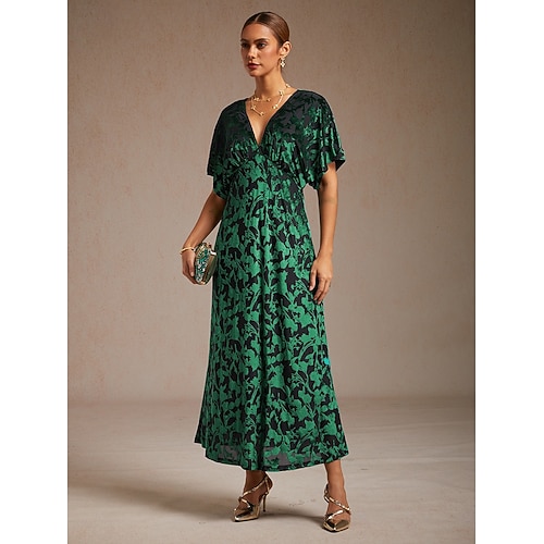  dames maxi-jurk a-lijn jurk fluweel elegant feest bruiloft gast bloemen blad halve mouw v-hals smaragdgroen lente herfst winter