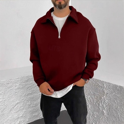 Maglione da uomo a mezza zip, con mezza zip, per il tempo libero, in tinta unita, con chiusura lampo, da uomo, a maniche lunghe, con cappuccio, Colore: rosso, XXXL