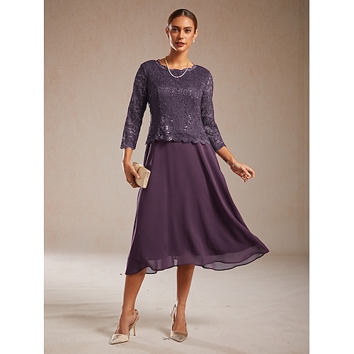  Dámské Midi šaty Šifonové šaty Elegantní Pevná barva 3/4 délka rukávu Tričkový Fialová Léto Jaro Podzim Zima