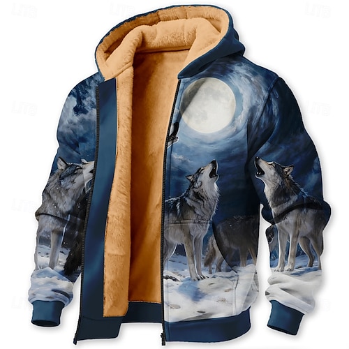  Herren Wolf 3D-Druck Fleece Kapuzensweatshirt Jacke Pullover Klassisch Militär Jagd Rundhalsausschnitt Outdoor Camping Blau 1 Blau 2# Reißverschluss Herbst Winter Designer S M L XL 2XL 3XL