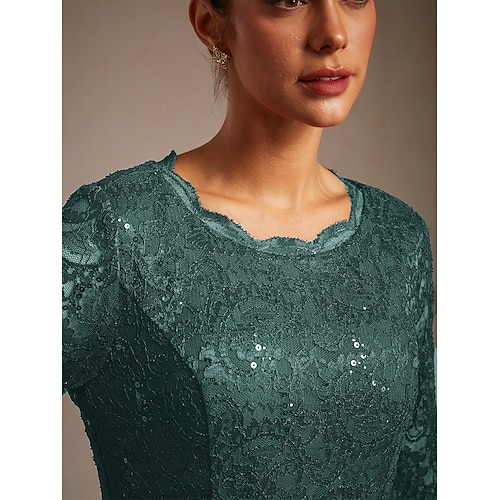  Женское платье миди, шифоновое платье, кружевное платье с пайетками, элегантное, для свадебного коктейля, вечеринки, чаепития, однотонное, с рукавами длиной 3/4, круглым вырезом, изумрудно-зеленое,