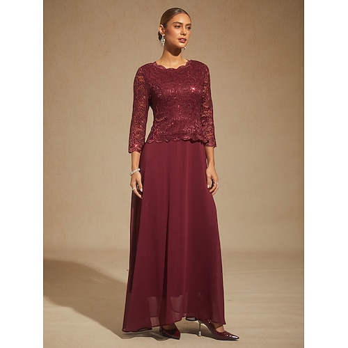  Dames Halflange jurk Chiffon jurk A lijn jurk Elegant Bruiloft gast Avond Feest Effen Kleur 3/4 mouw Strakke ronde hals Wijn Lente Herfst Winter