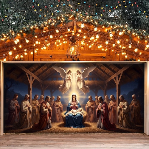  غطاء باب مرآب عيد الميلاد مشهد المهد 2025 خلفية معلقة كبيرة جدارية عطلة دينية ديكور خارجي خلفية تصوير حفلة فناء المنزل ديكور عيد الميلاد الاحتفالي