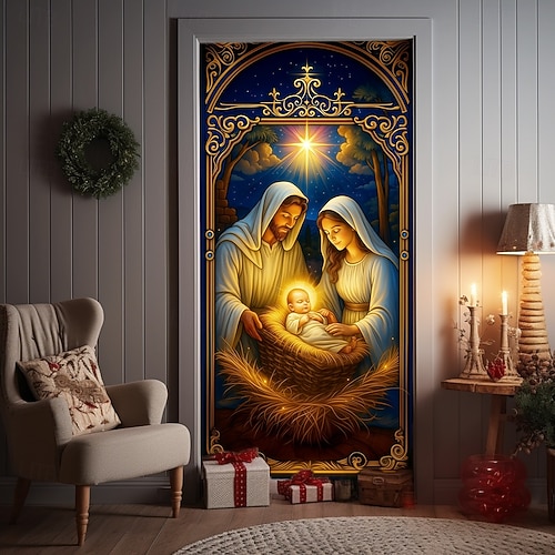  غطاء باب عيد الميلاد، تصميم مشهد المهد، ستارة عطلة معلقة خلفية لديكور مدخل المنزل، موضوع الشتاء، زينة عيد الميلاد للاحتفالات الاحتفالية بعيد الميلاد