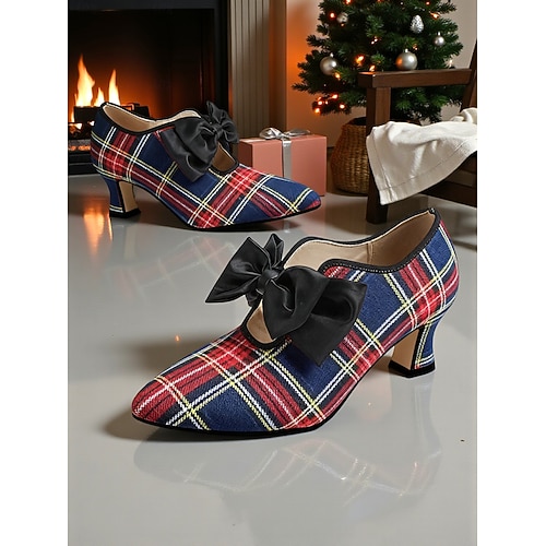  Pantofi cu toc roșii în carouri pentru femei cu fundă din satin negru - stil vintage anii 1920, perfecți pentru petreceri de Crăciun, întâlniri retro și purtare zilnică