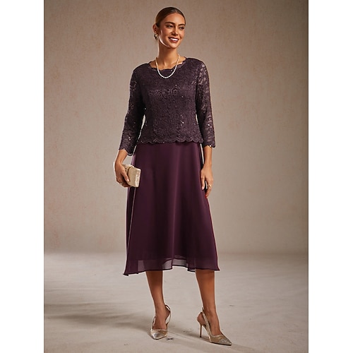  Жен. Платье средней длины Шифоновые платья Элегантный стиль Сплошной цвет Рукав 3/4 Вырез под горло Лиловый Лето Весна Осень Зима