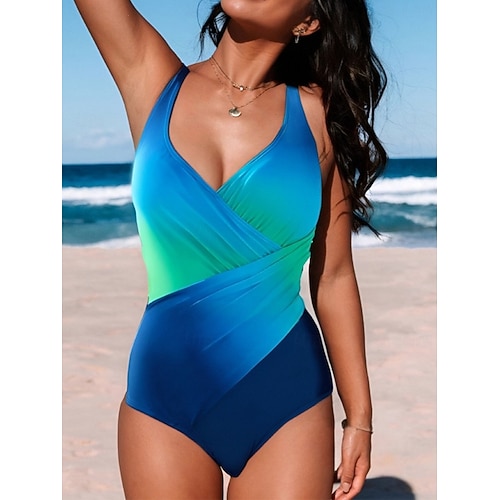 בגדי ריקוד נשים מידות גדולות בגדי ים חתיכה אחת בגדי ים נועזת בגד ים Ruched מרזה בקרת בטן בגדי חוף Ombre צבע מעבר צבע ללא שרוולים בגדי ים