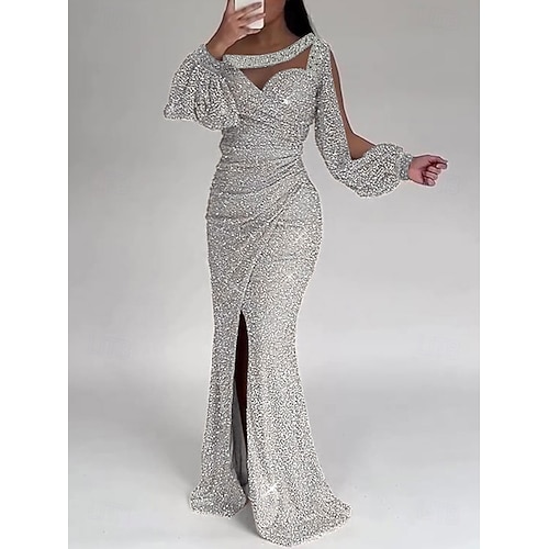 Meerjungfrauenschnitt Bodenlange Schleppe Abiballkleider Abendkleid Ballkleid Festliche Kleidung Party Langarm Rundausschnitt Formell Paillettenbesetzt mit Glitzer Gerafft Schlitz