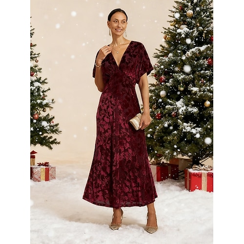 Dames Fluwelen Midi Jurk Sheath Jurk Elegante Party Party Bruidsgast Cocktail Party Regular Fit Effen Kleur Bloemmotief Mouwloos V-Hals Rood Zomer Lente Herfst Winter