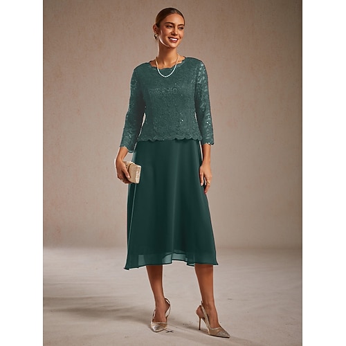  Dámské midi šaty šifonové šaty krajkové šaty flitry elegantní svatební host koktejlové párty čajový dýchánek jednobarevné 3/4 rukávy kulatý výstřih smaragdově zelené léto jaro podzim zima