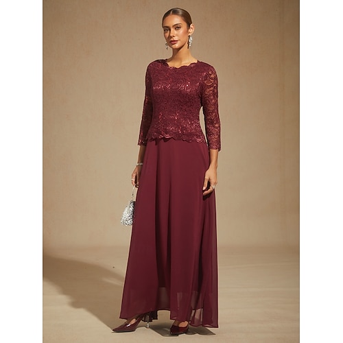  Dames Halflange jurk Chiffon jurk A lijn jurk Elegant Bruiloft gast Avond Feest Effen Kleur 3/4 mouw Strakke ronde hals Wijn Lente Herfst Winter