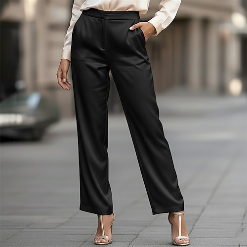  Mulheres Calças de cetim Atrevido Calças Férias Roupa de rua Casual Comprimento total Cintura Média Tecido Bolsos Confortável Formal Ao ar livre Férias Preto Prateado Rosa Marron Primavera Outono