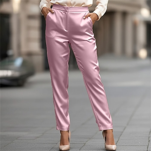  Mulheres Calças de cetim Magro Calças Elegante Férias Roupa de rua Comprimento total Cintura Média Tecido Bolsos Confortável Ao ar livre Férias Rua Preto Prateado Rosa Marron Primavera Outono Normal