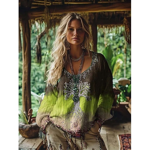  Damen Boho-T-Shirt Grafik Geometrisch Elegant Bohemien Vintage Langarm V Ausschnitt Normale Oberteile Täglich Wochenende 3D-Druck Blau Rote Purpur Grün Sommer Frühling Herbst Winter