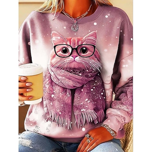  女性用 スウェットシャツ グラフィック 動物 猫 カジュアル 長袖 クルーネック レギュラートップス ストリート 日常着 カジュアル プリント ピンク パープル カーキ色 グレー 春 秋 冬