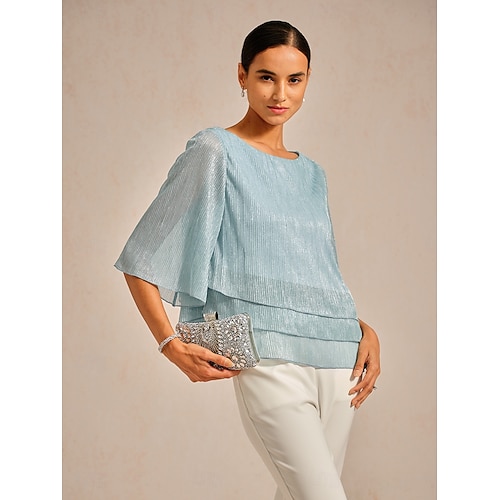  Women's Blouse Dressy Tops Chiffon Tops Lace Tops Elegant Crew Neck Regular Tops Wedding Guest Going out Pleated Glitter Light Blue Spring Fall