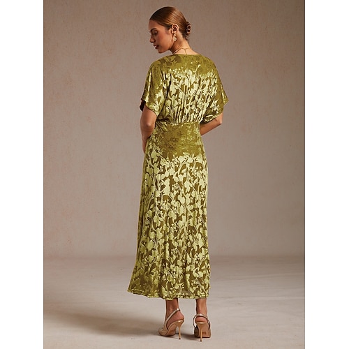  レディース マキシドレス Aラインドレス ベルベット エレガント パーティー ウェディング ゲスト 花柄 リーフ ハーフスリーブ Vネック エメラルドグリーン 春 秋 冬