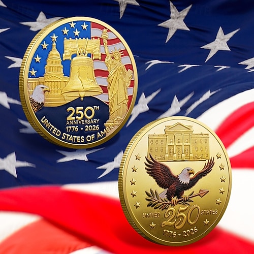  Mince pamětní k 250. výročí – Zlatý americký prapor a design zvonu svobody sběratelské mince odolné kovové výroční mince pro vystavení sběratelé patrioti semikvincenální