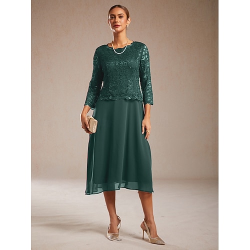  Женское платье миди, шифоновое платье, кружевное платье с пайетками, элегантное, для свадебного коктейля, вечеринки, чаепития, однотонное, с рукавами длиной 3/4, круглым вырезом, изумрудно-зеленое,