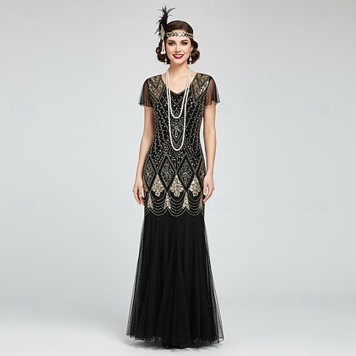 Set Roaring 20s 1920s Ankle Length Dress Evening Dress Outfits with Accessories Short Sleeves The Great Gatsby Plus Size Wedding Guest Tassel Fringe