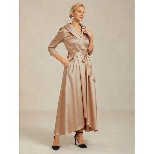  Robe midi femme, robe trapèze, robe de travail, robe élégante pour mariage, invitée, soirée, poche, lien sur le devant, coupe classique, couleur unie, manches 3/4, col en V, col chemise, couleur