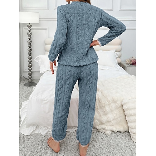  Women's Pajama Set Casual Comfort Pure Color Elastic Waist Pant Home Daily Long Sleeve Crew Neck Blue Pink Spring Fall Winter Loose Fit