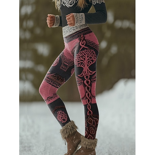  Kvinnors Viking Boho Leggings Vintage Etnisk Stil Hel Längd Hög Midja Grafisk Abstrakt 3D Utskrift Snabbtorkande Andningsförmåga Mjuk Stretchig Formell Utomhus Semester Ljusbrun Svart Rosa  Svart Vår
