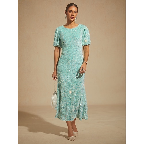  Women's Midi Dress Trumpet Mermaid Dress Elegant Puff Sleeve Party Sequin Half Sleeve Crew Neck Sage Green Spring Fall Winter