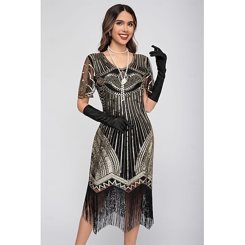 Roaring 20s 1920s Knee Length Flapper Dress Short Sleeves The Great Gatsby  Sequins Fringe V Neck Fancy Dress Women's Christmas Carnival Masquerade  Retro Theme Party Charleston Dance Adults Dress 2026 - 34.99