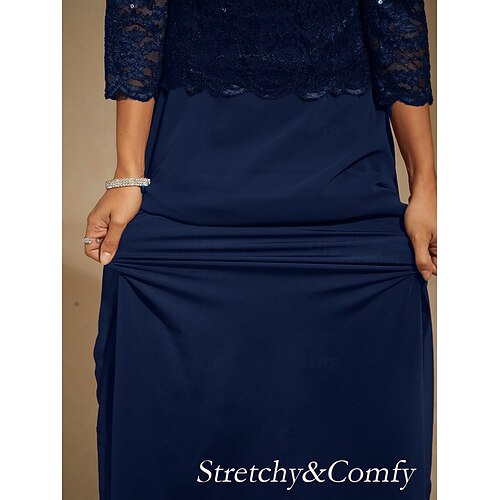  dames maxi-jurk chiffon jurk kant pailletten geborduurd elegant avondfeest effen kleur 3/4 mouwen ronde hals marineblauw lente herfst winter