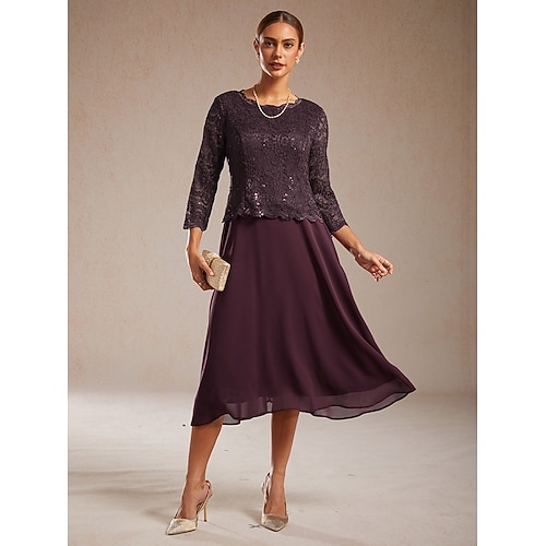  Жен. Платье средней длины Шифоновые платья Элегантный стиль Сплошной цвет Рукав 3/4 Вырез под горло Лиловый Лето Весна Осень Зима