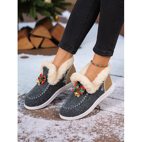 Women's Christmas Winter Warm Plush Fur Shoes – Cute Bow and Bell Detail,  Ideal for Indoor Comfort, Holiday Morning Gift Exchange and Winter Wear  2026