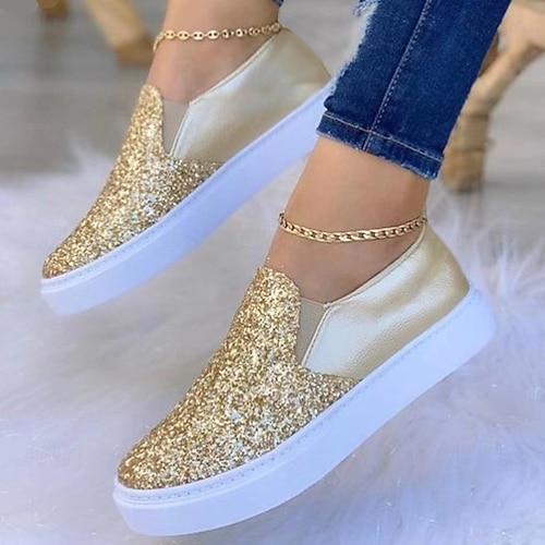 Women's Gold Glitter Slip-On Sneakers Sparkly Casual Platform Shoes with Faux Leather Upper for Daily Wear, Parties, and Street Style Women's Gold Glitter Slip-On Sneakers Sparkly Casual Platform Shoes with Faux Leather Upper for Daily Wear, Parties, and Street Style