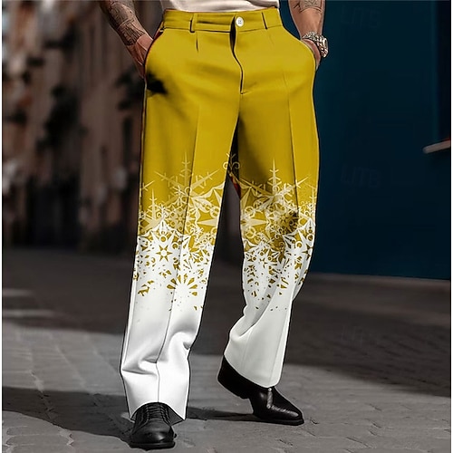  Christmas Men's Christmas Scene Printed Pants Snowflake Business Casual 3D Print  Trousers Outdoor Street Wear to work Polyester Black and White Wine Yellow S M L High Elasticity Pants